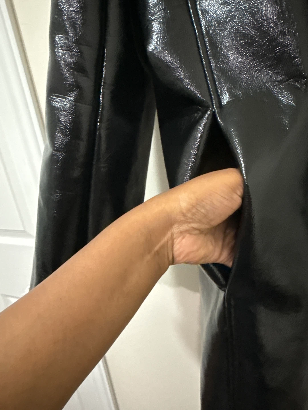 Black Patent Leather Look Coat with White Faux Fur Trim - photo 3