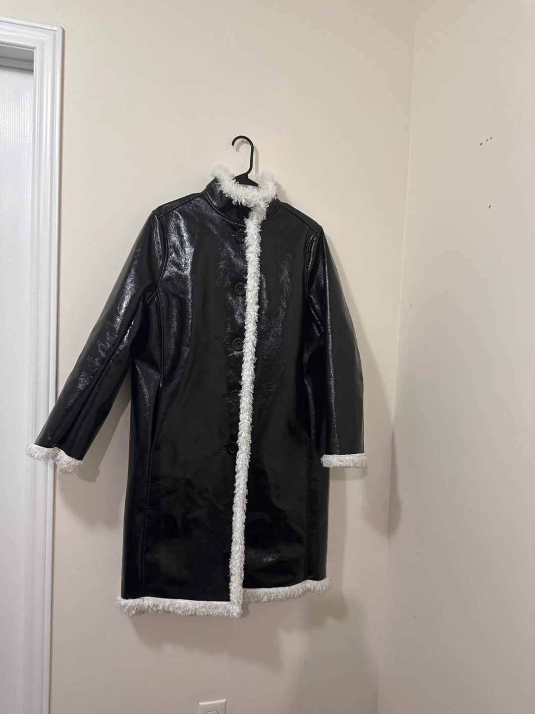 Black Patent Leather Look Coat with White Faux Fur Trim - photo 4