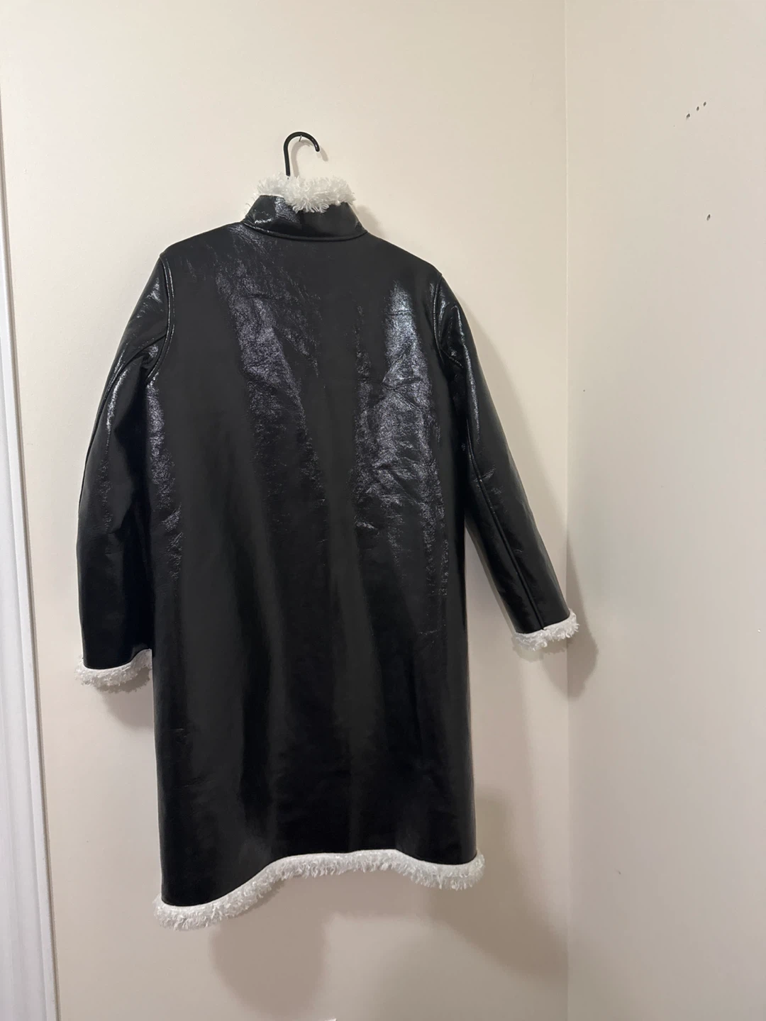 Black Patent Leather Look Coat with White Faux Fur Trim - photo 5