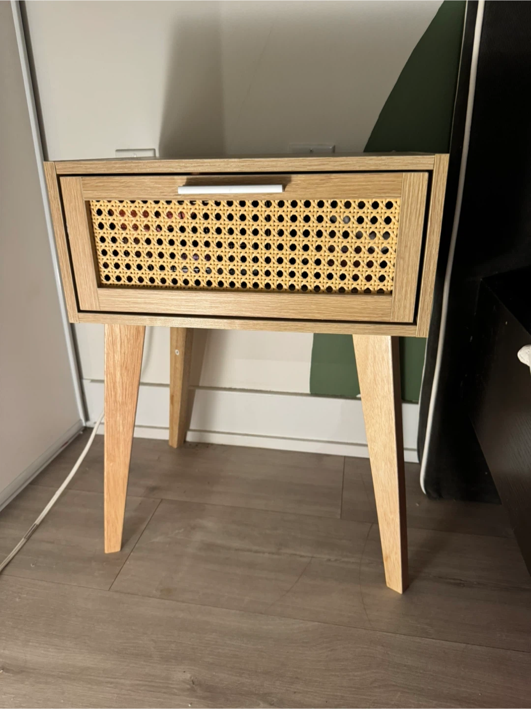 Wood and Rattan Bedside Nightstand