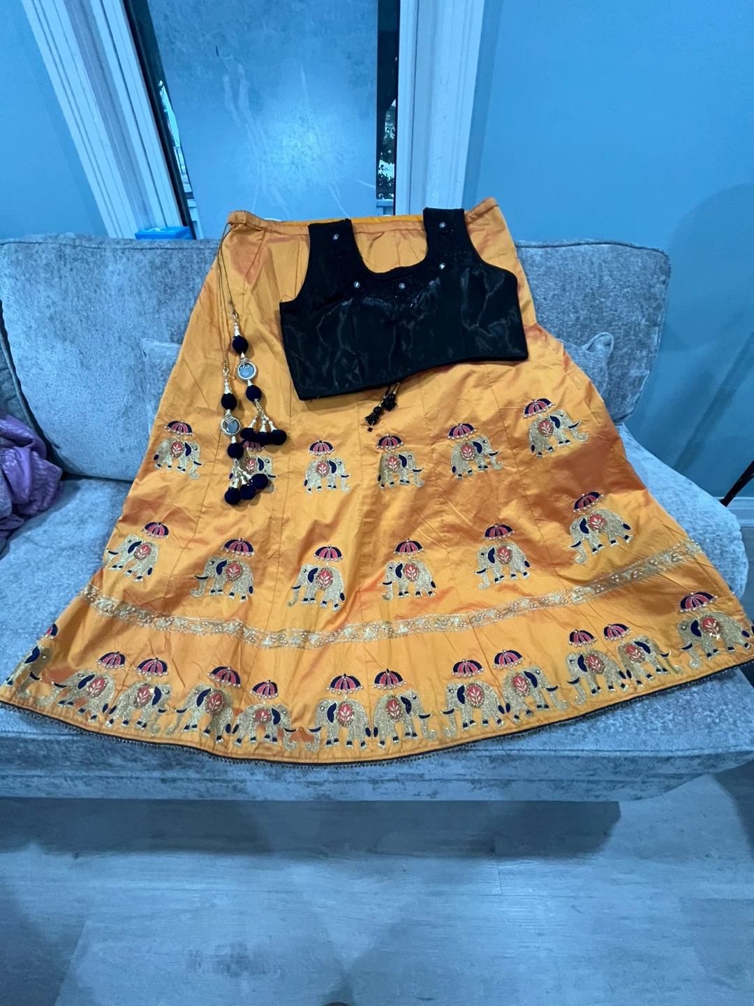 Orange Elephant Print Lehenga Choli Set