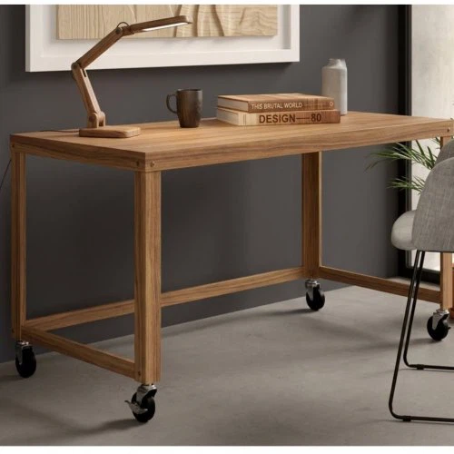 Minimalist Study Desk with Wheels - 38x22in - Natural - New