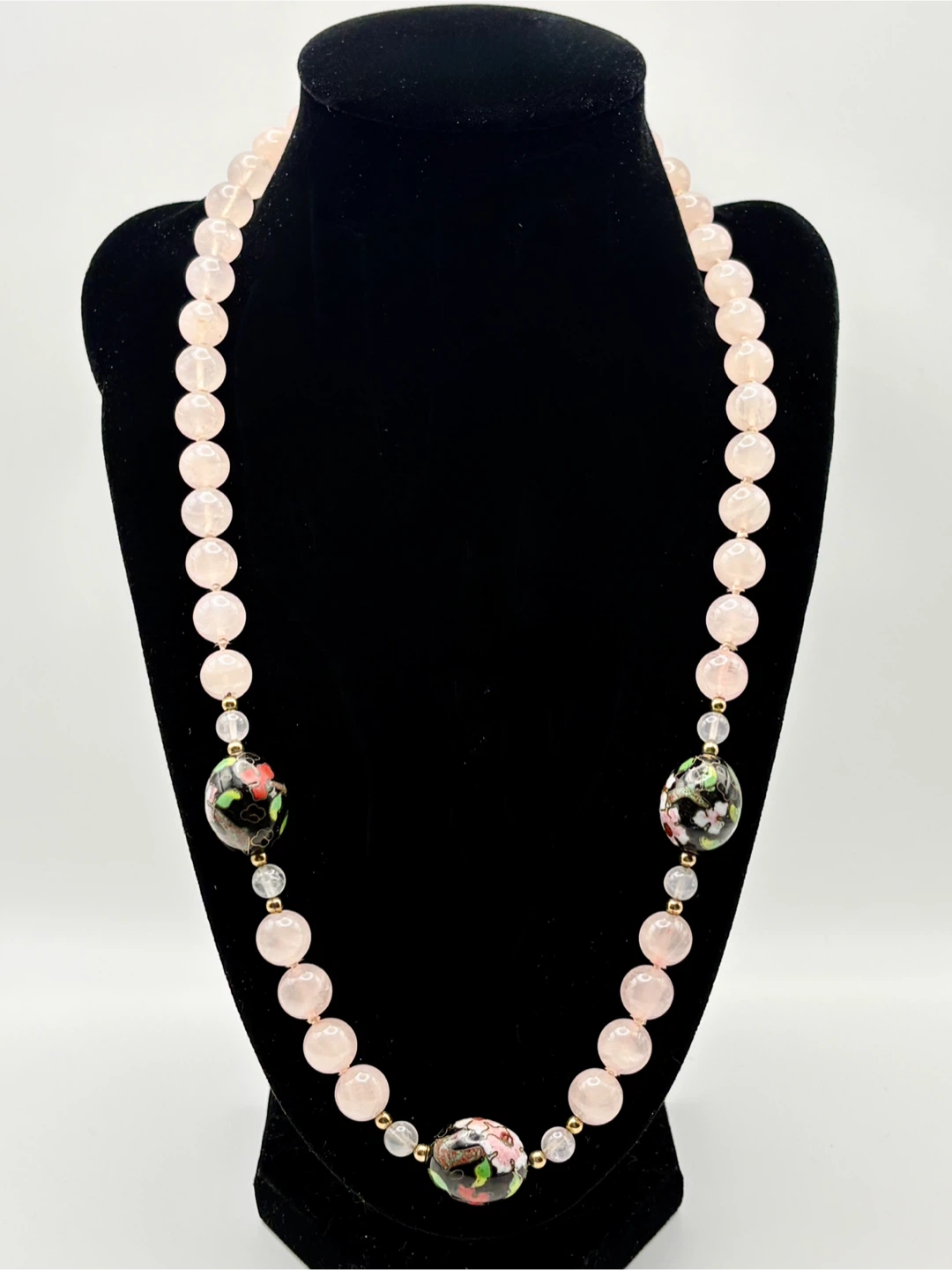 Rose Quartz Cloisonné Bead Necklace Gold Filled Clasp