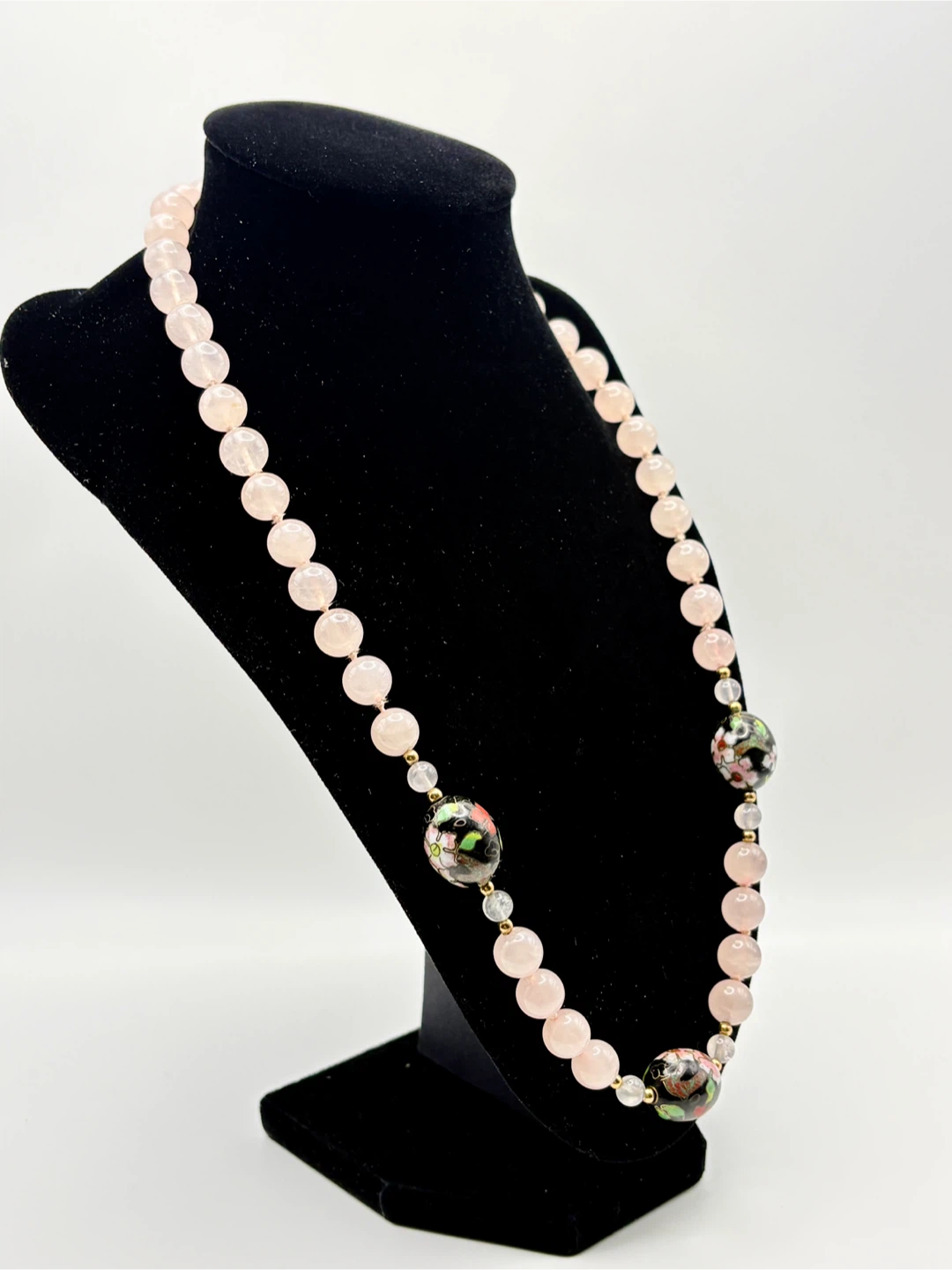 Rose Quartz Cloisonné Bead Necklace Gold Filled Clasp - photo 2