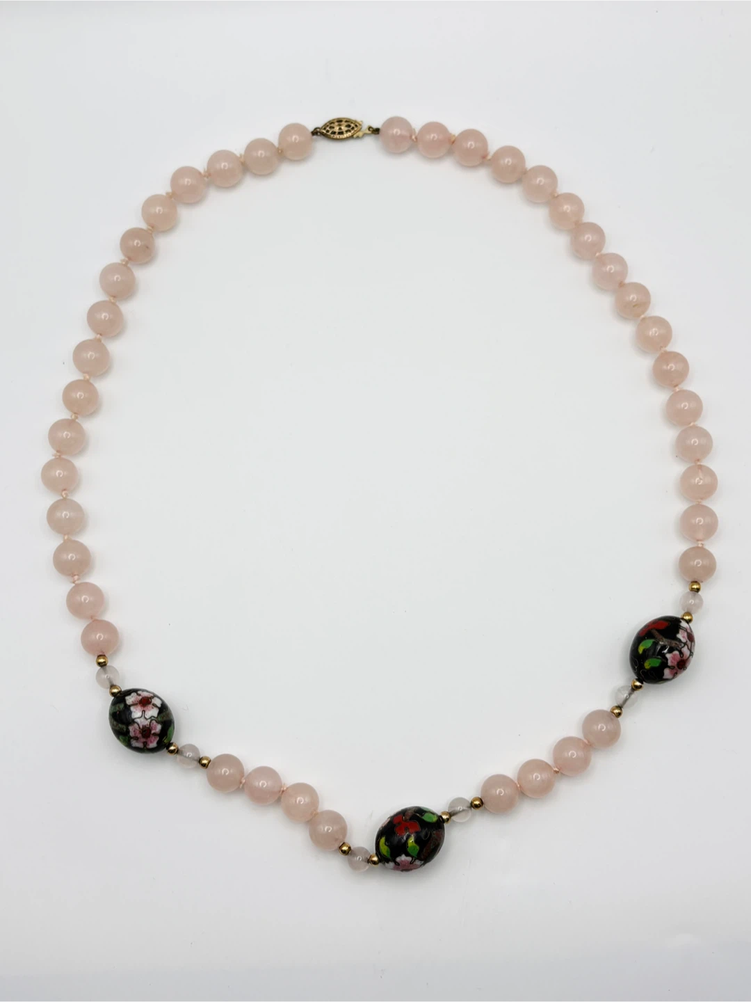 Rose Quartz Cloisonné Bead Necklace Gold Filled Clasp - photo 3