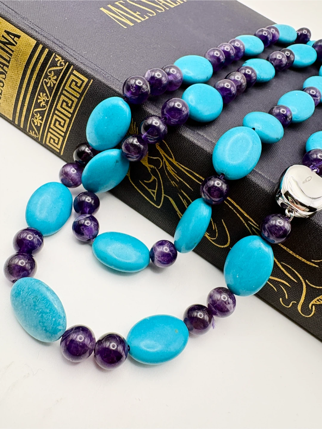 Silver Clasp Turquoise and Amethyst Beaded Necklace