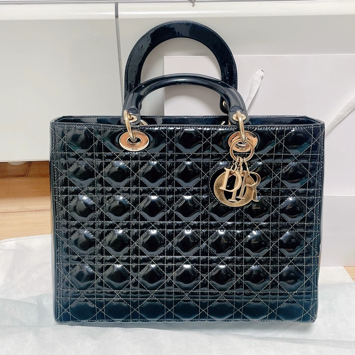 Christian Dior Lady Dior Large Bag Black Patent