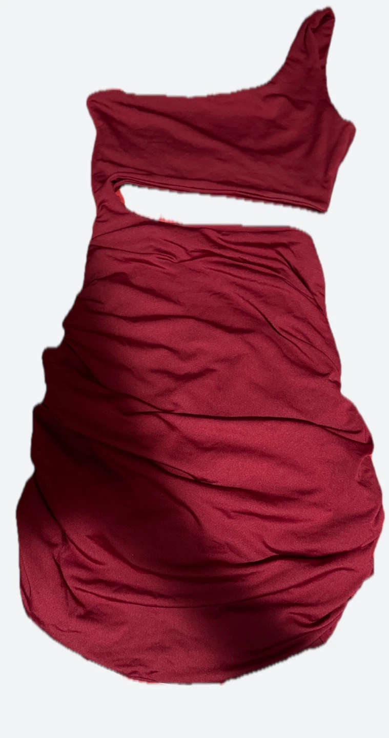 One-shoulder ruched mini dress in dark red