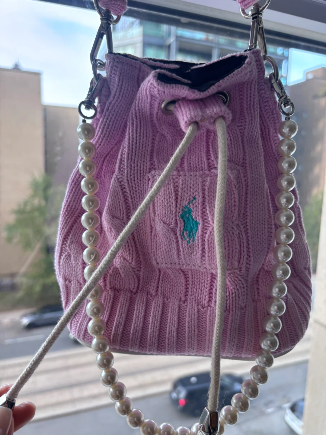 Polo Ralph Lauren Pink Cable Knit Bucket Bag