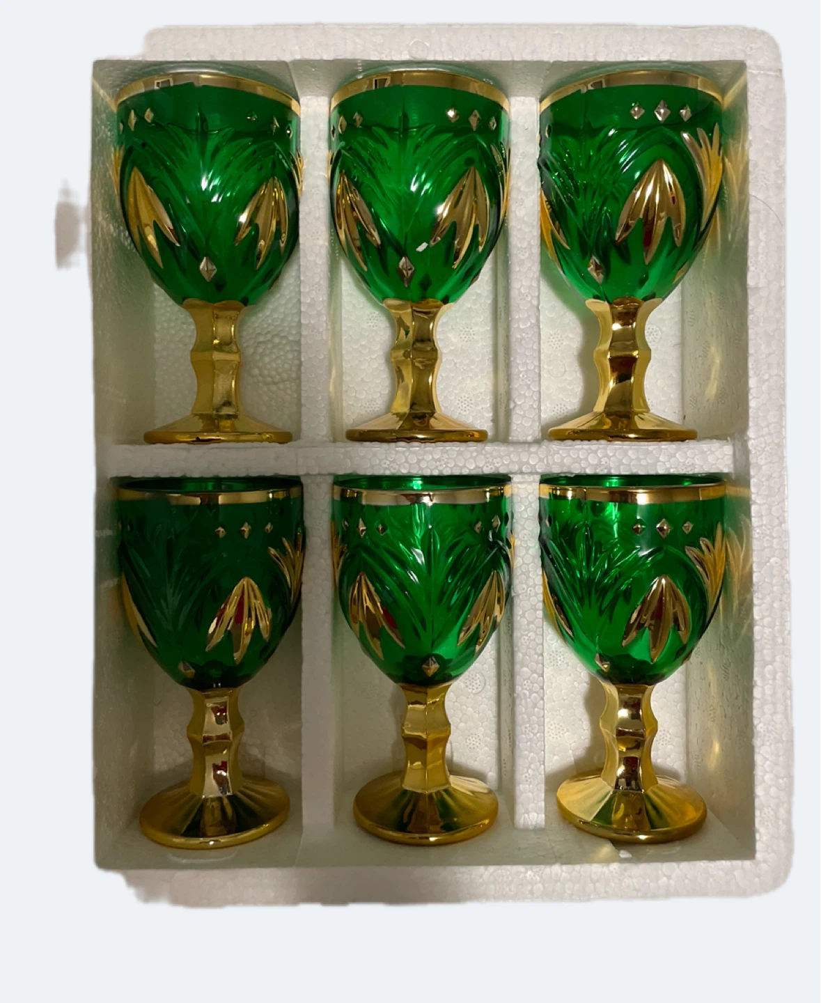 Set of 6 Vintage Green and Gold Glass Goblets