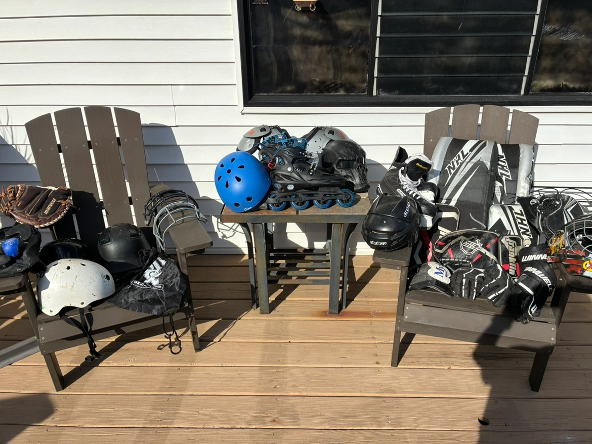 Large Mixed Sports Equipment Lot – Hockey Baseball Rollerblades