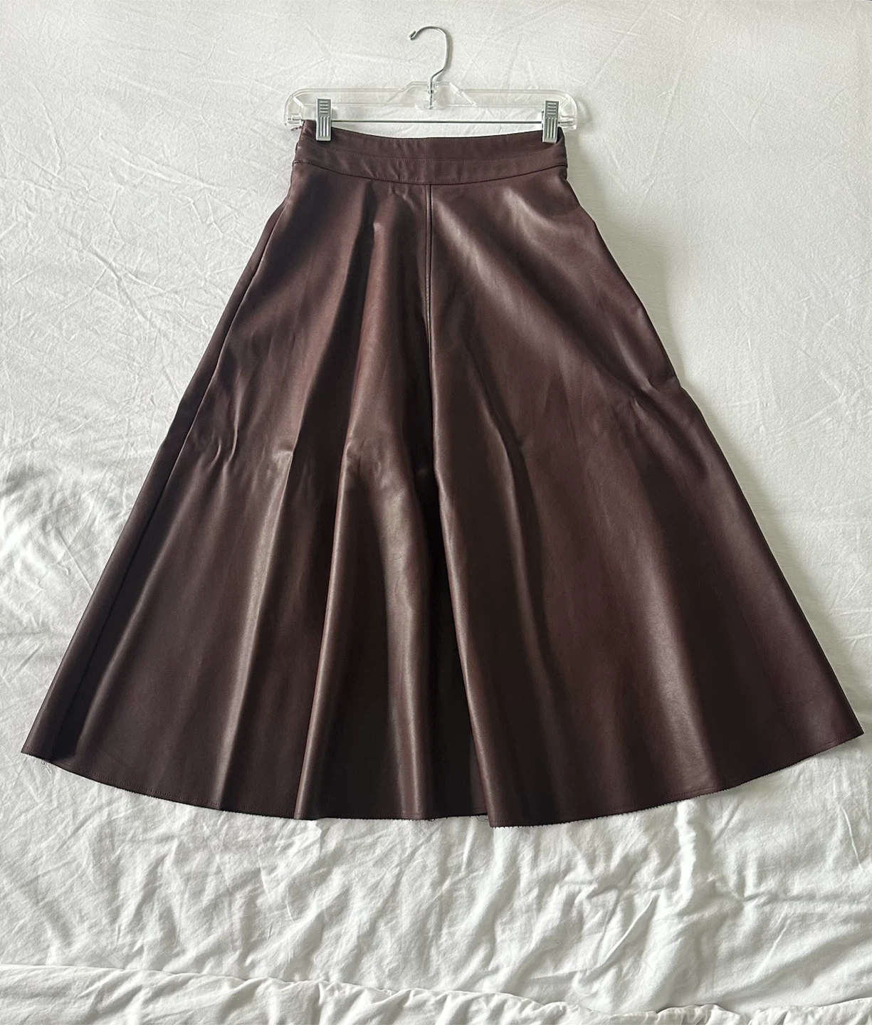 Burgundy faux leather midi skirt