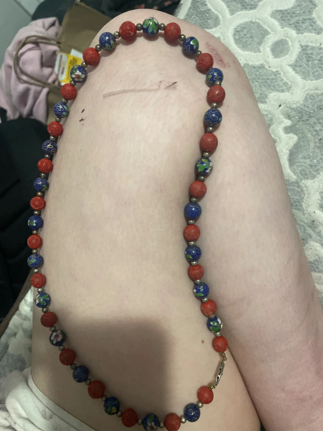Vintage Cloisonné and Carved Bead Necklace