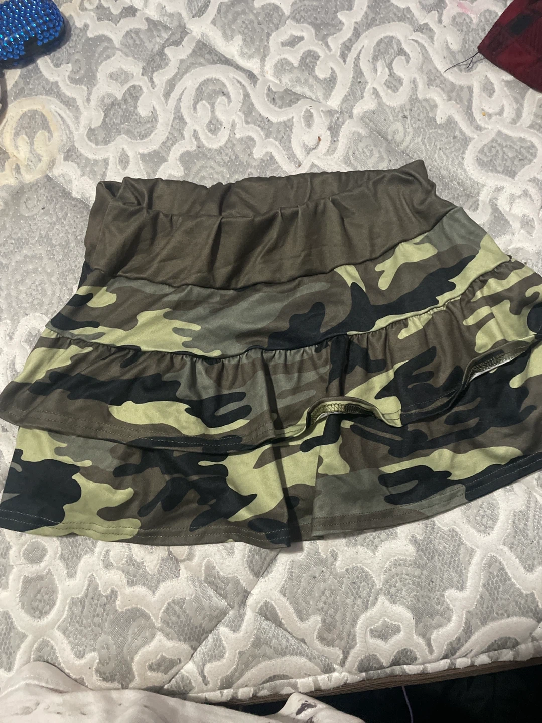 I Love London Camo Ruffle Mini Skirt