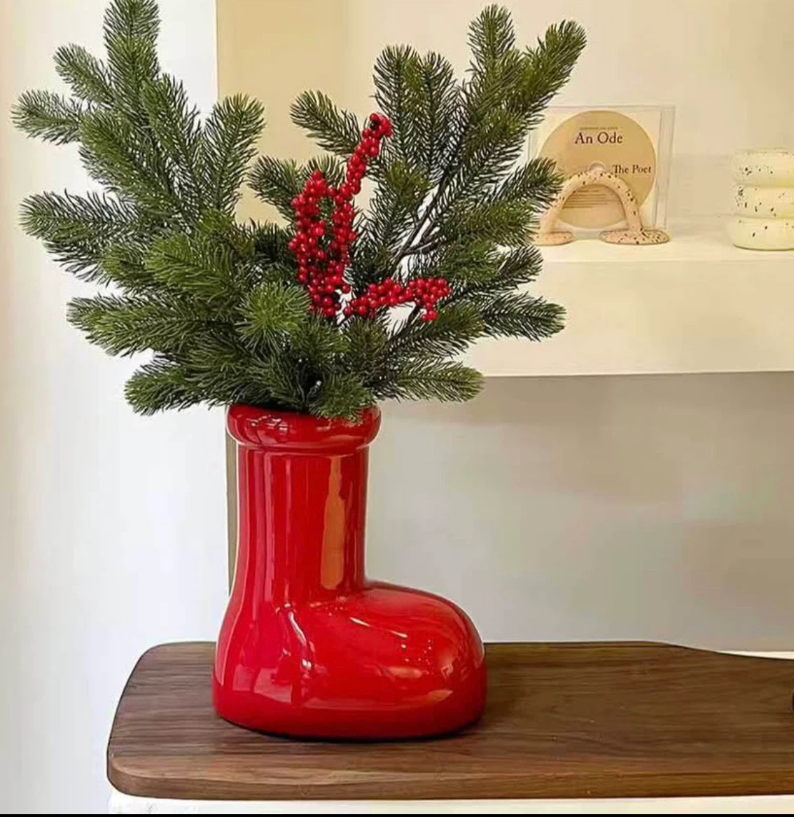 Red Ceramic Boot Vase