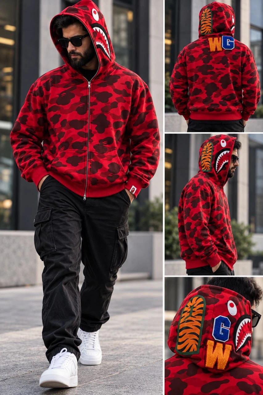 BAPE Red Camo Shark Full Zip Hoodie