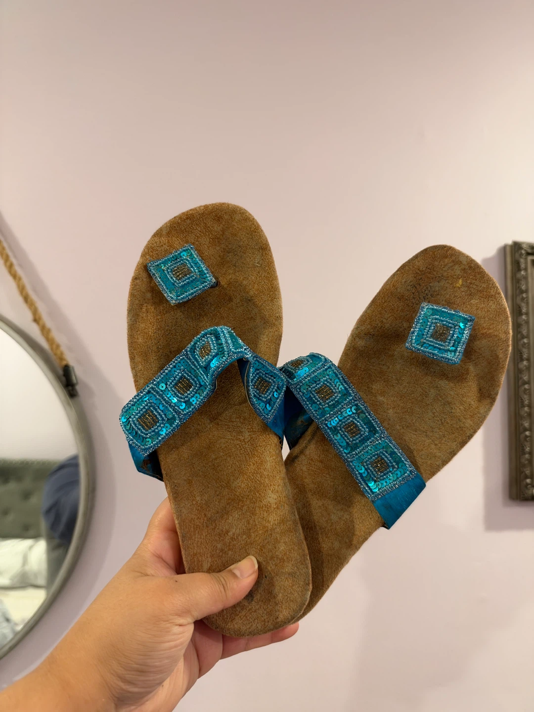 Beaded Blue Toe-Post Sandals