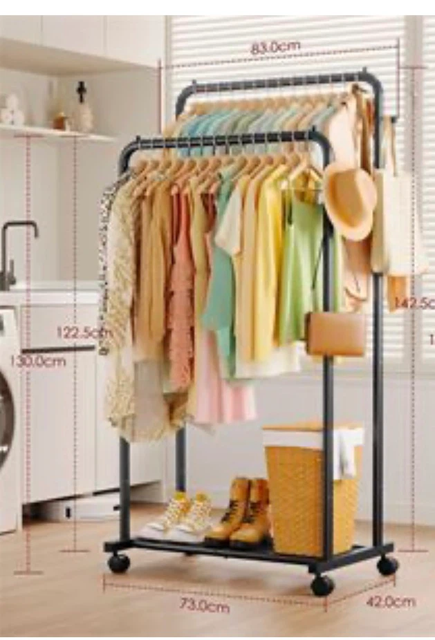 Sakugi Double-Rod Metal Clothing Rack with Wheels, 73x42x150 cm
