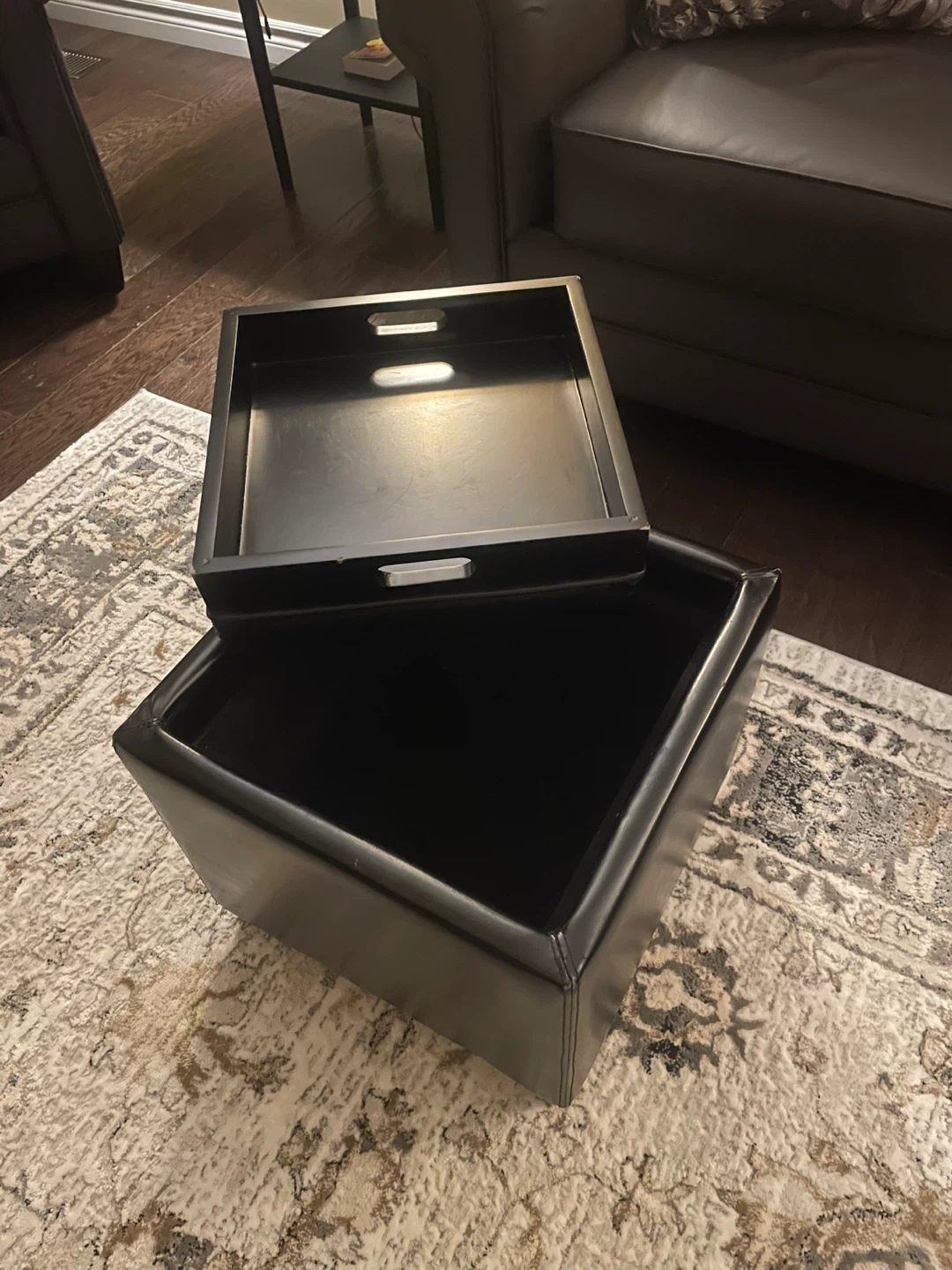 Black Leather Storage Ottoman with Reversible Tray