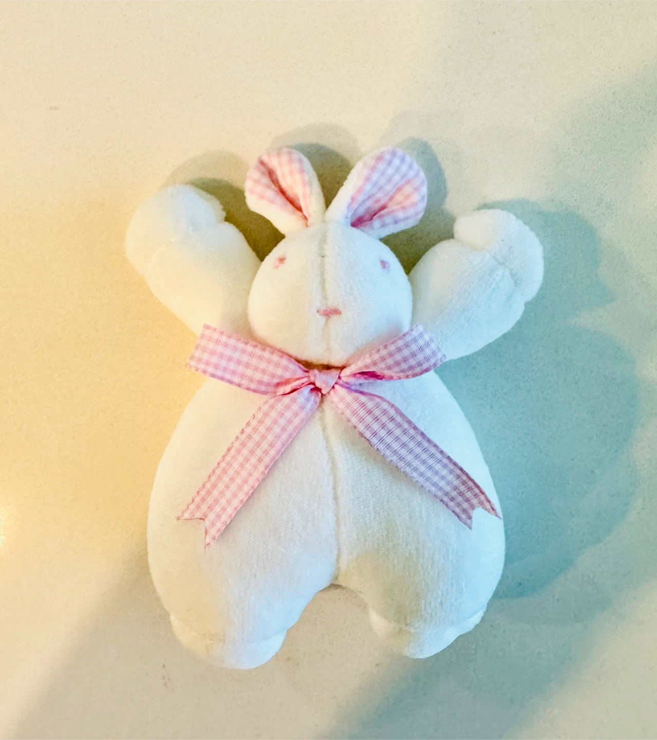 Handcrafted pink checkered bow-adorned bunny doll_Charm_NWOT