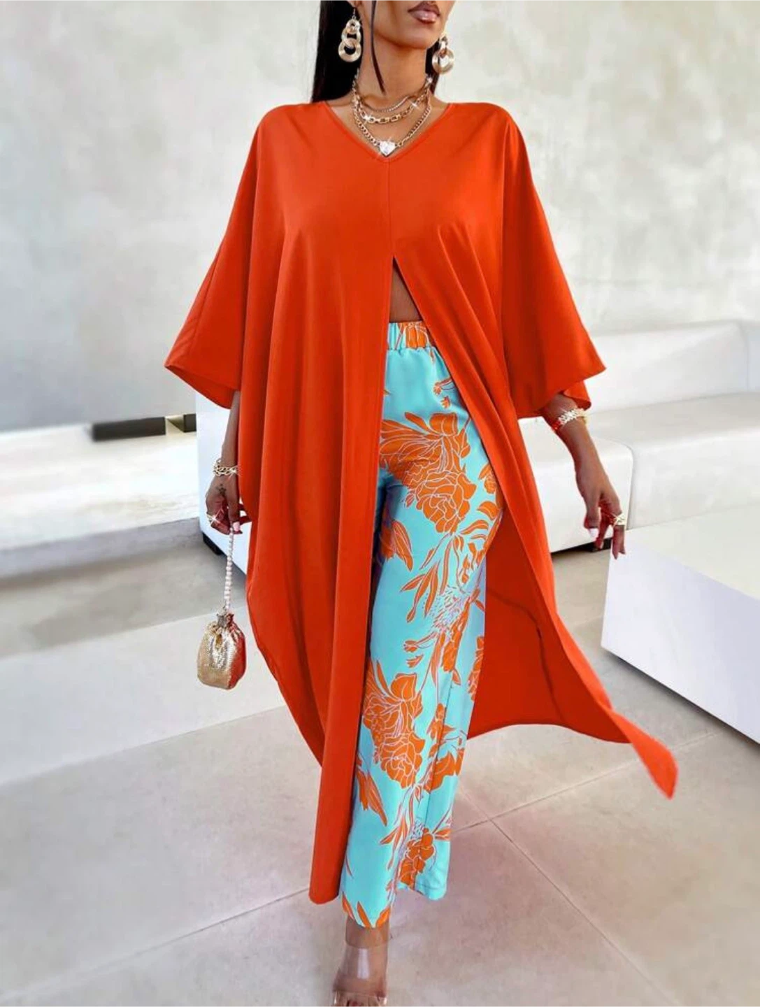 BRAND NEW Two-Piece Orange Kaftan and Floral Pants Set
