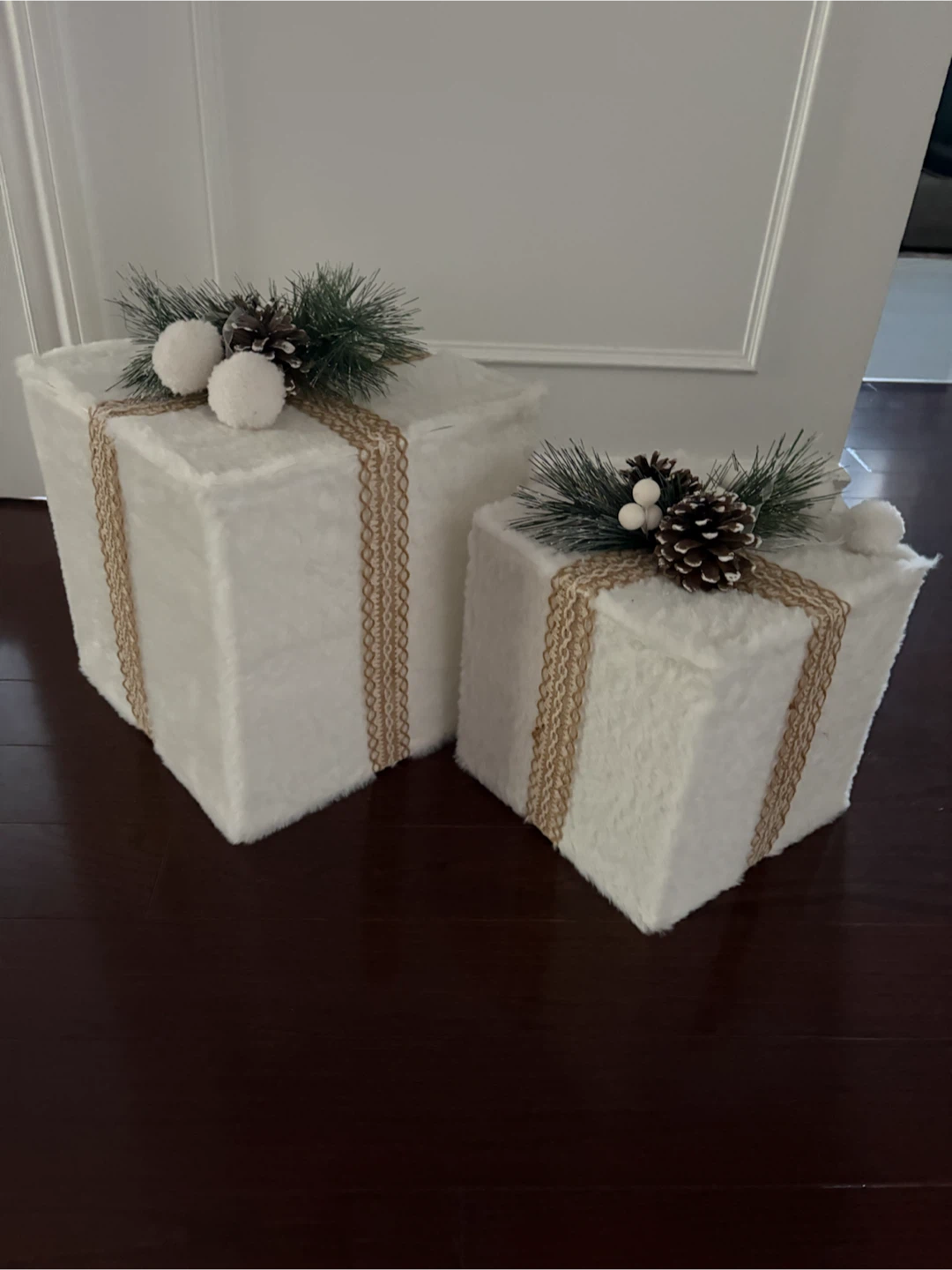 Set of 2 White Faux Fur Christmas Gift Box Decorations