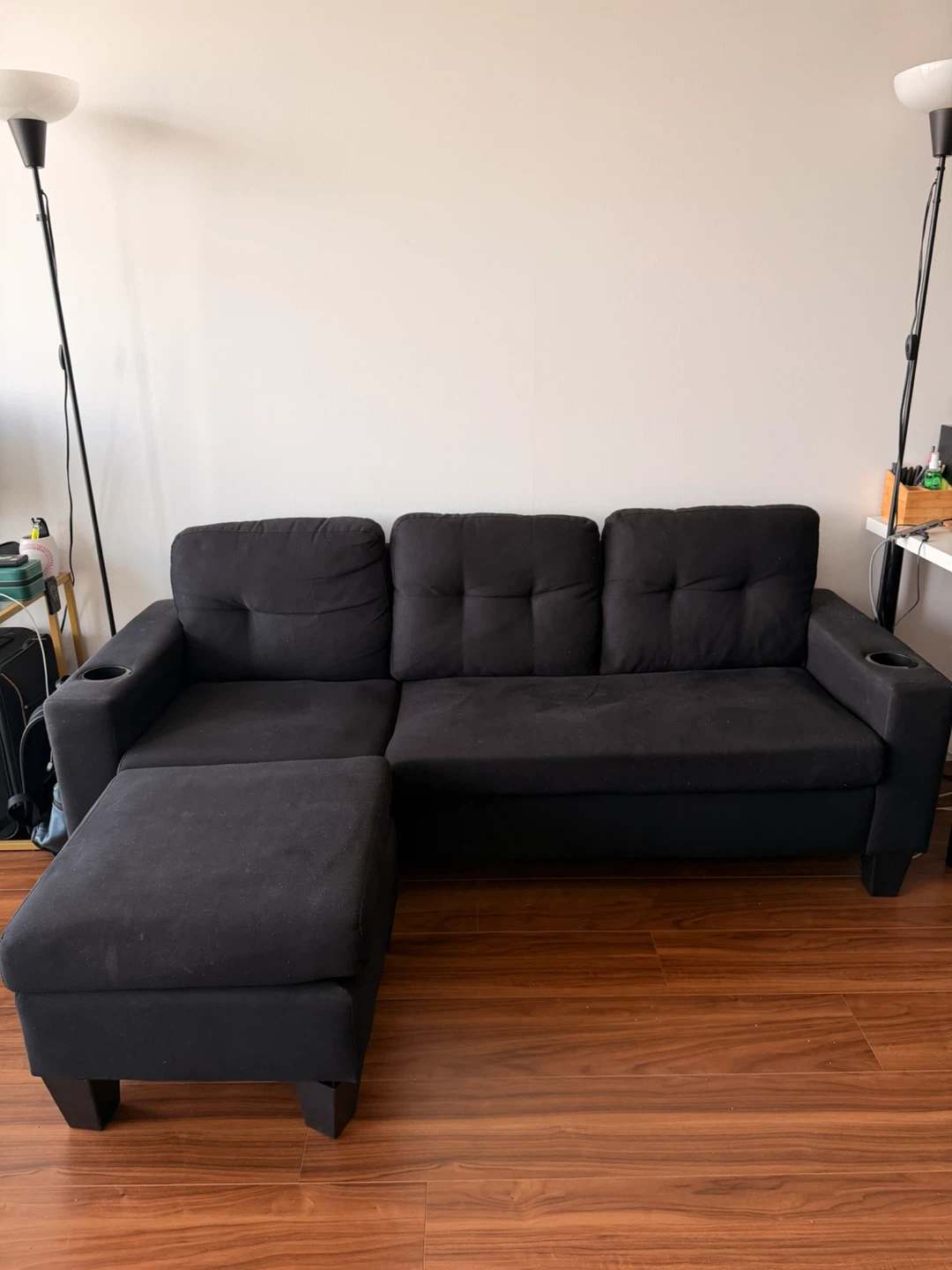 Black Fabric Sofa with Ottoman and Cup Holders