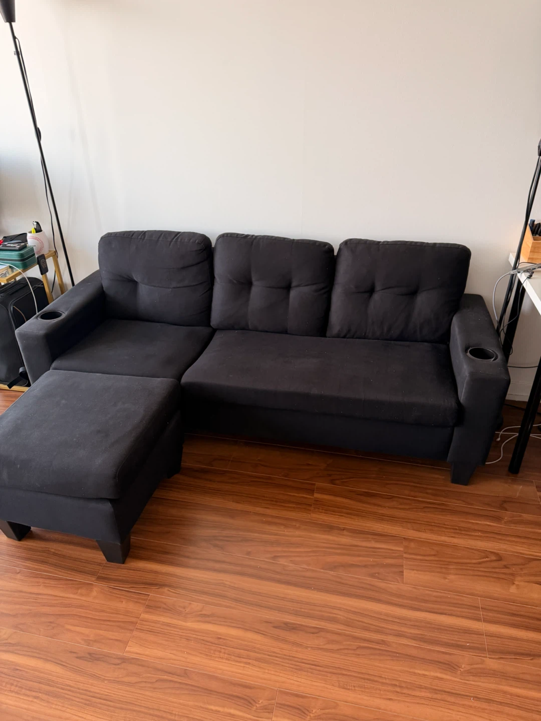 Black Fabric Sofa with Ottoman and Cup Holders - photo 2