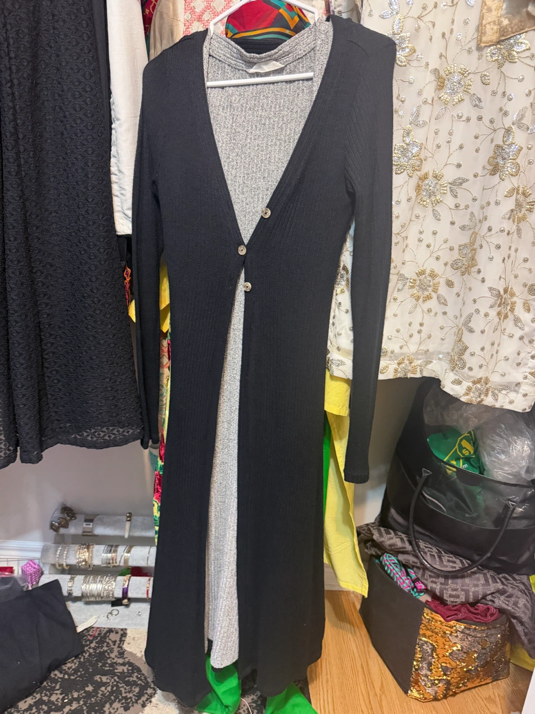 Black Ribbed Long Cardigan