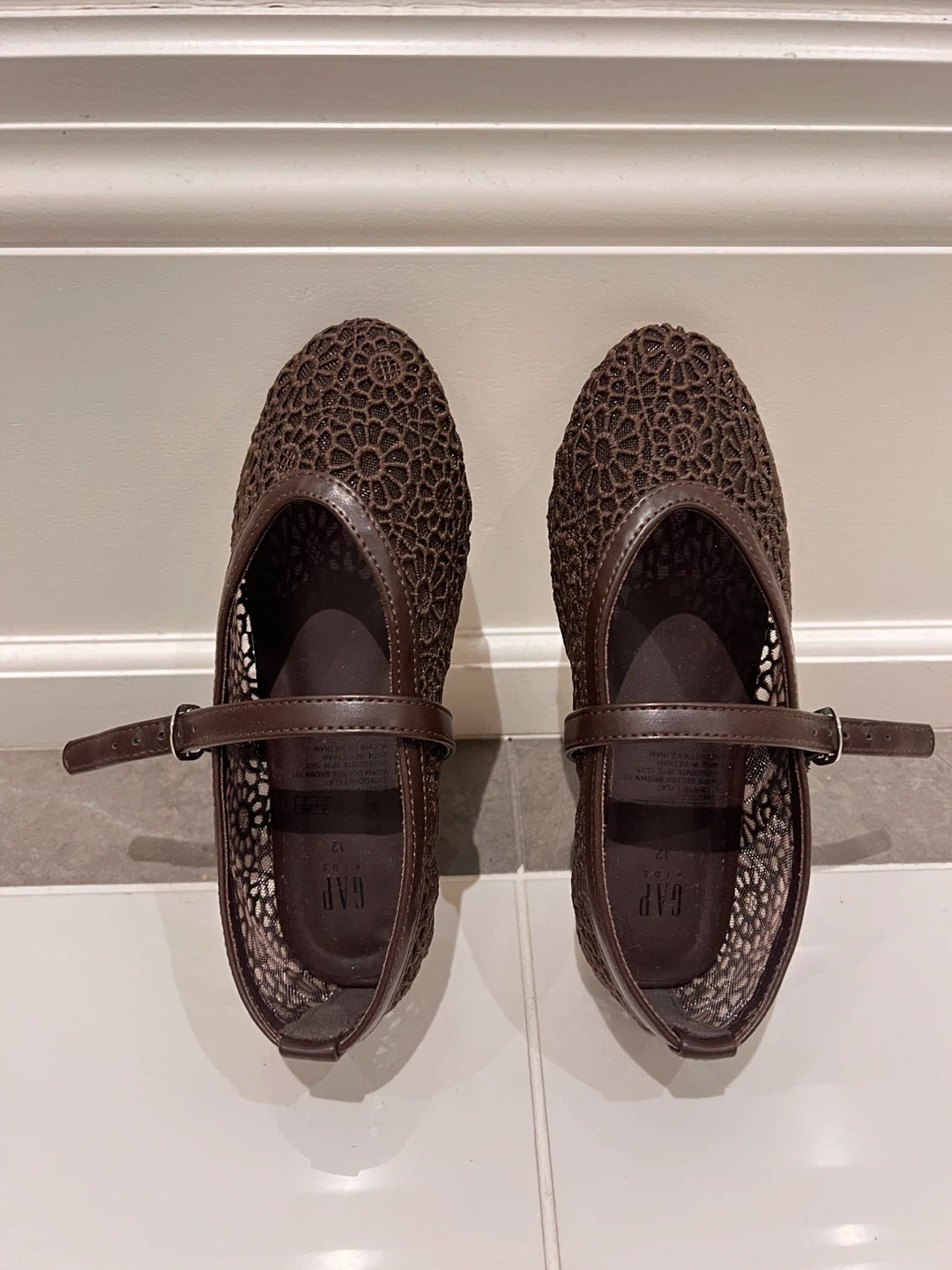 Kids Brown Crochet Mary Jane Flats Size 12