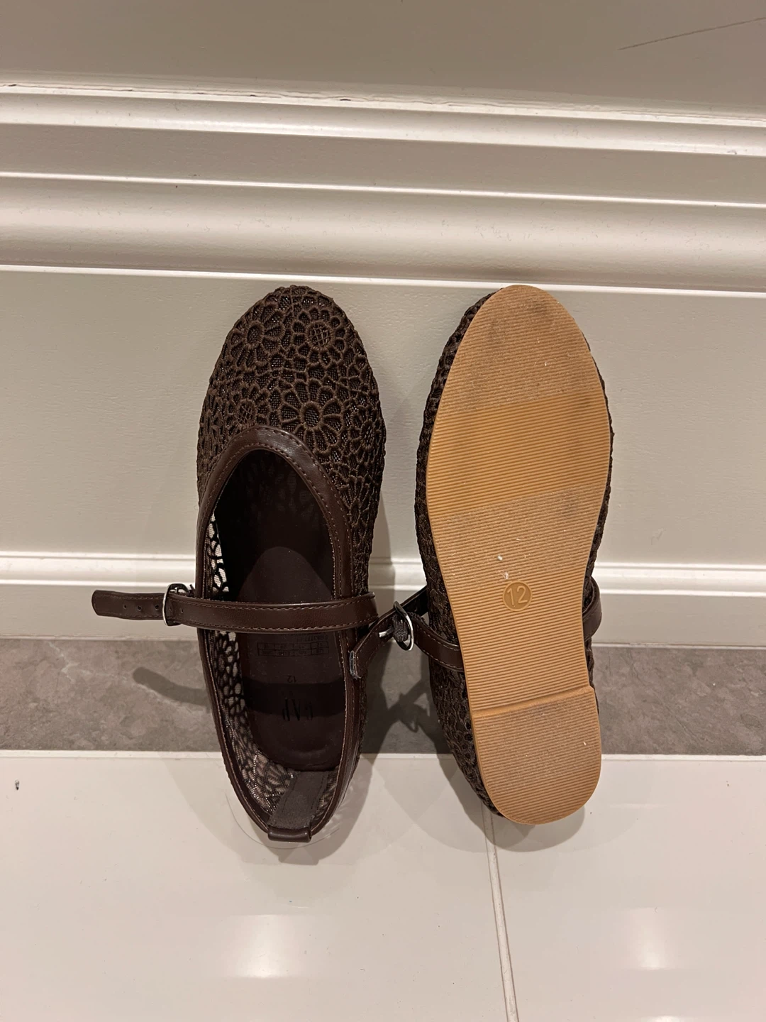 Kids Brown Crochet Mary Jane Flats Size 12 - photo 2