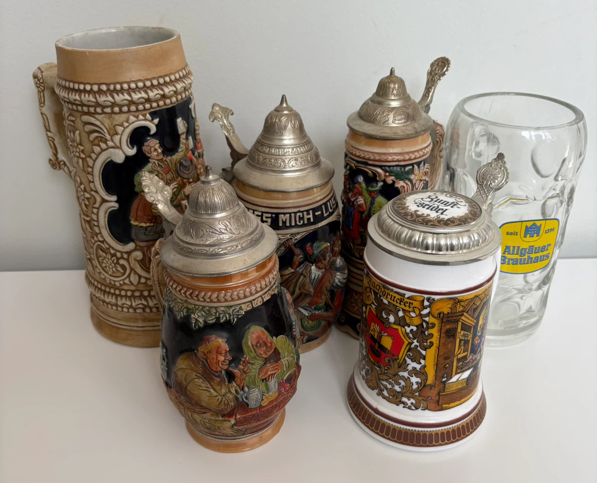 Collection of 5 German Beer Steins and Glass
