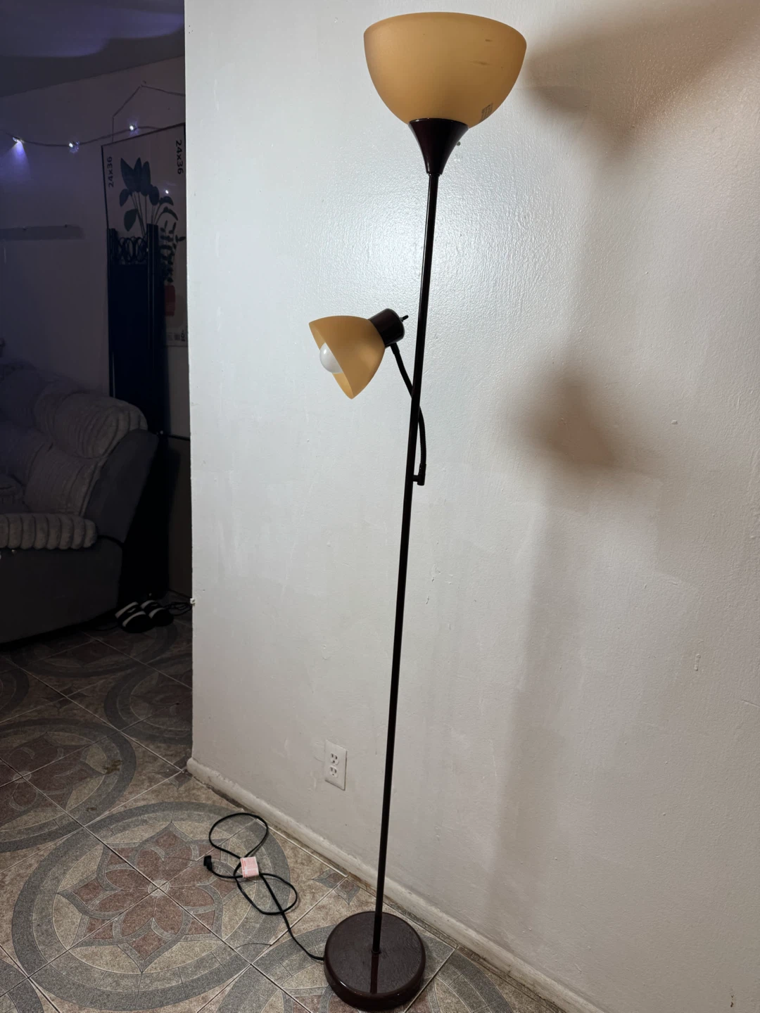 Dual-Head Floor Lamp with Amber Shades