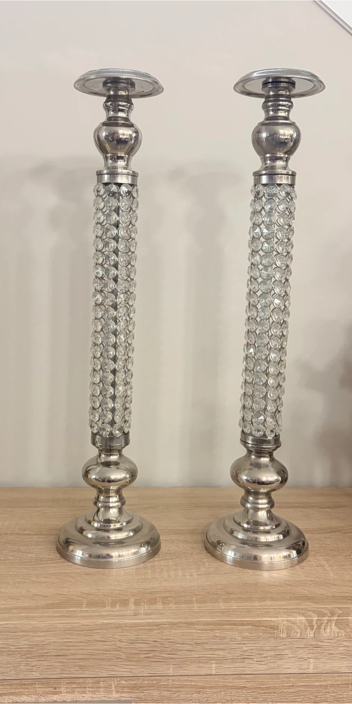 Set of Two Crystal and Silver Candle Holders
