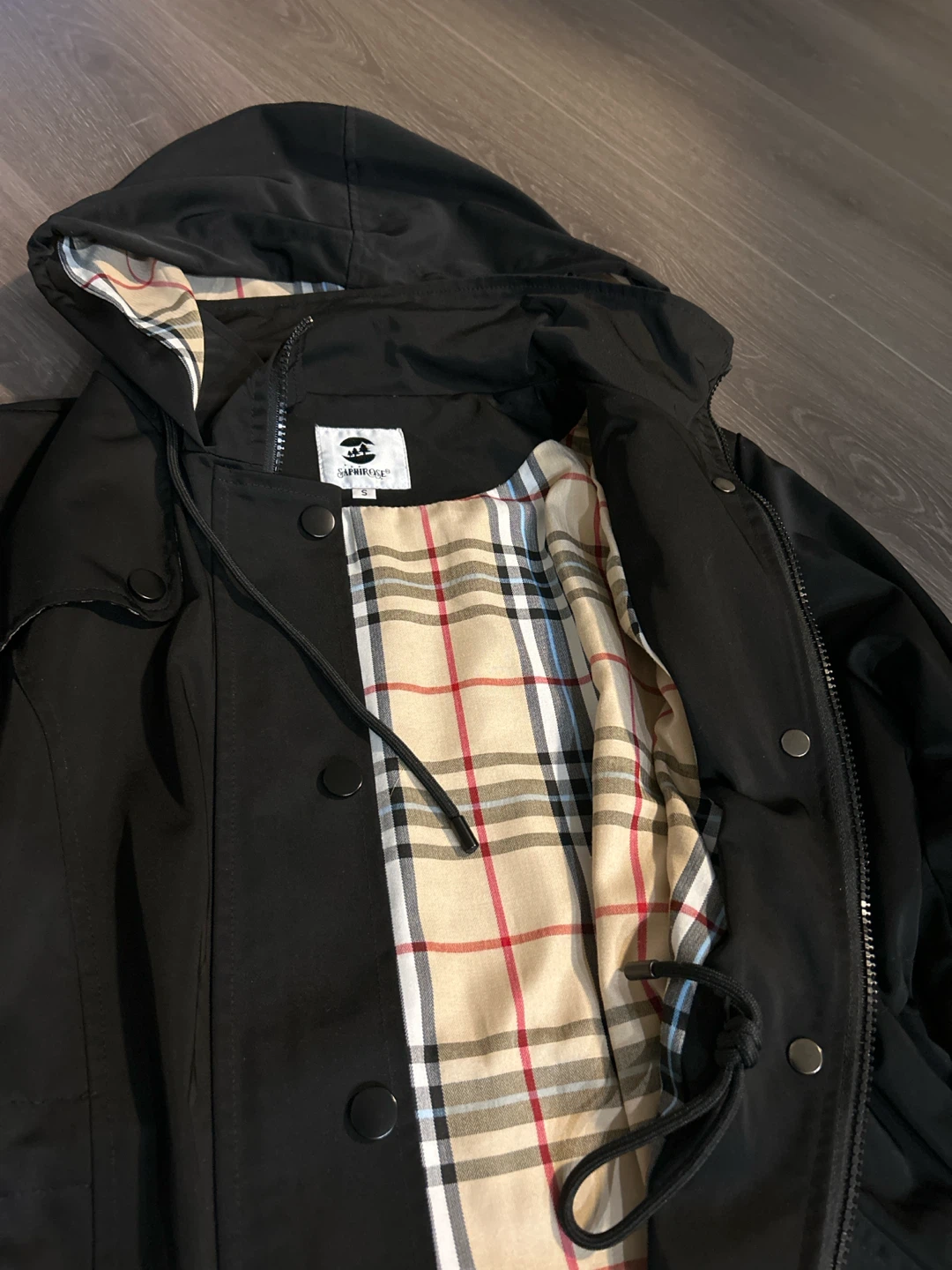 Saphirose Plaid-Lined Hooded Trench Coat - photo 2