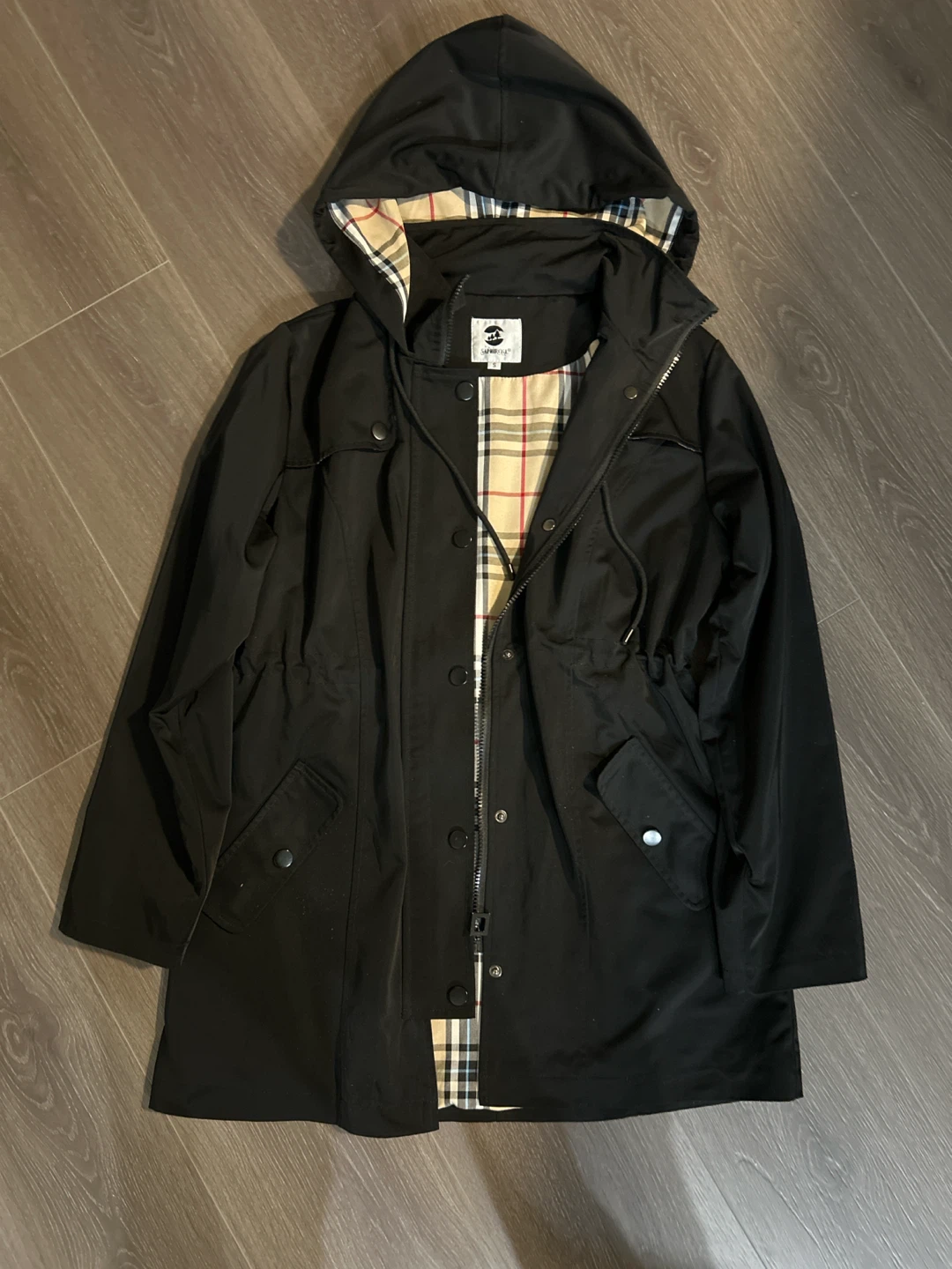 Saphirose Plaid-Lined Hooded Trench Coat