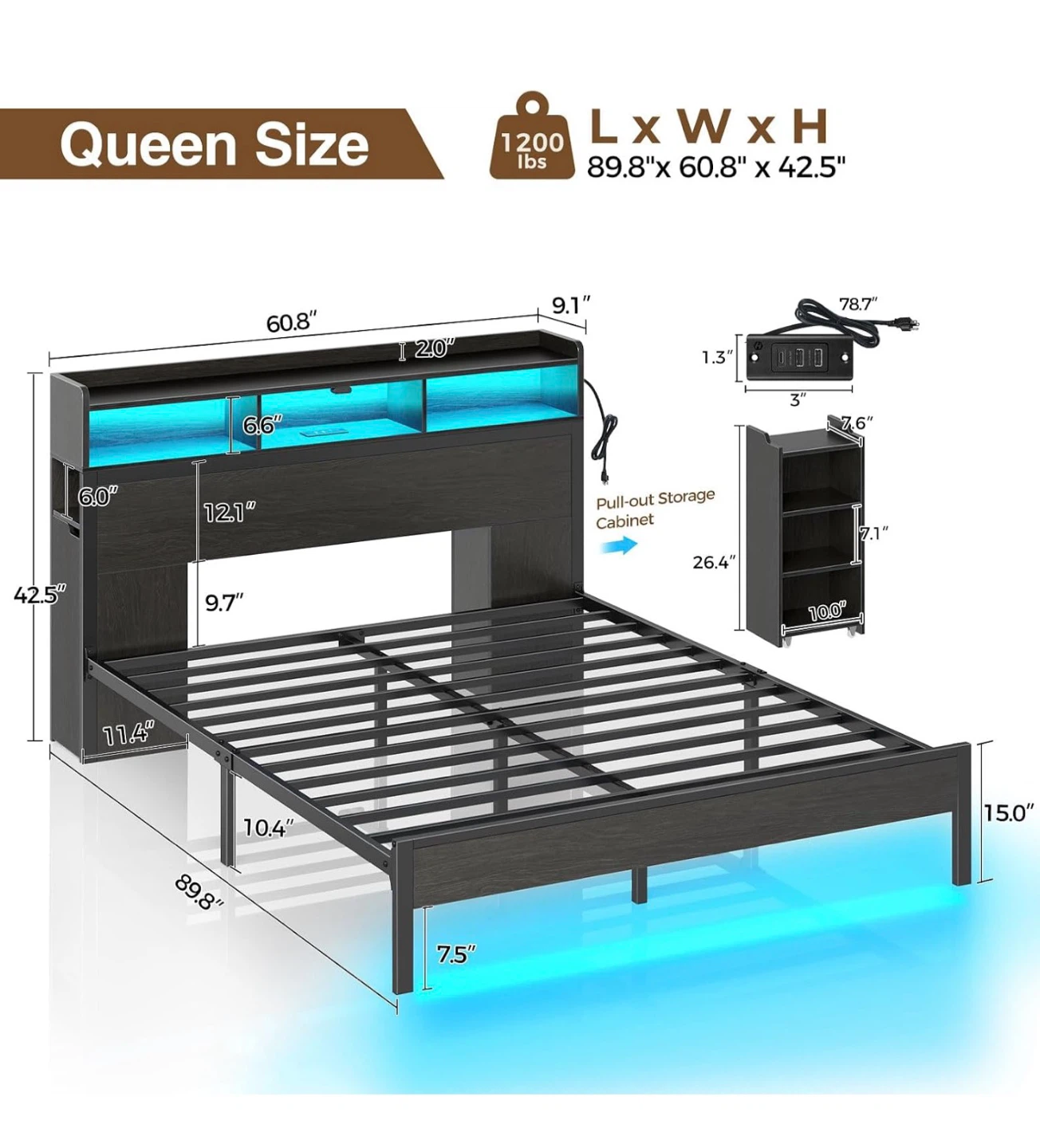 Queen Size LED Bed Frame with Storage - photo 4