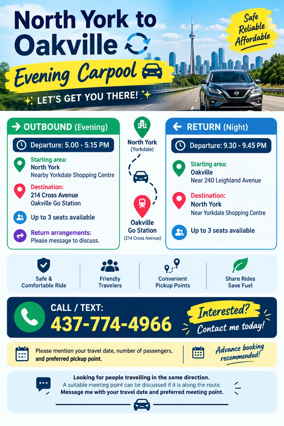 North York - Oakville 🔁UP & DOWN – Evening Carpool