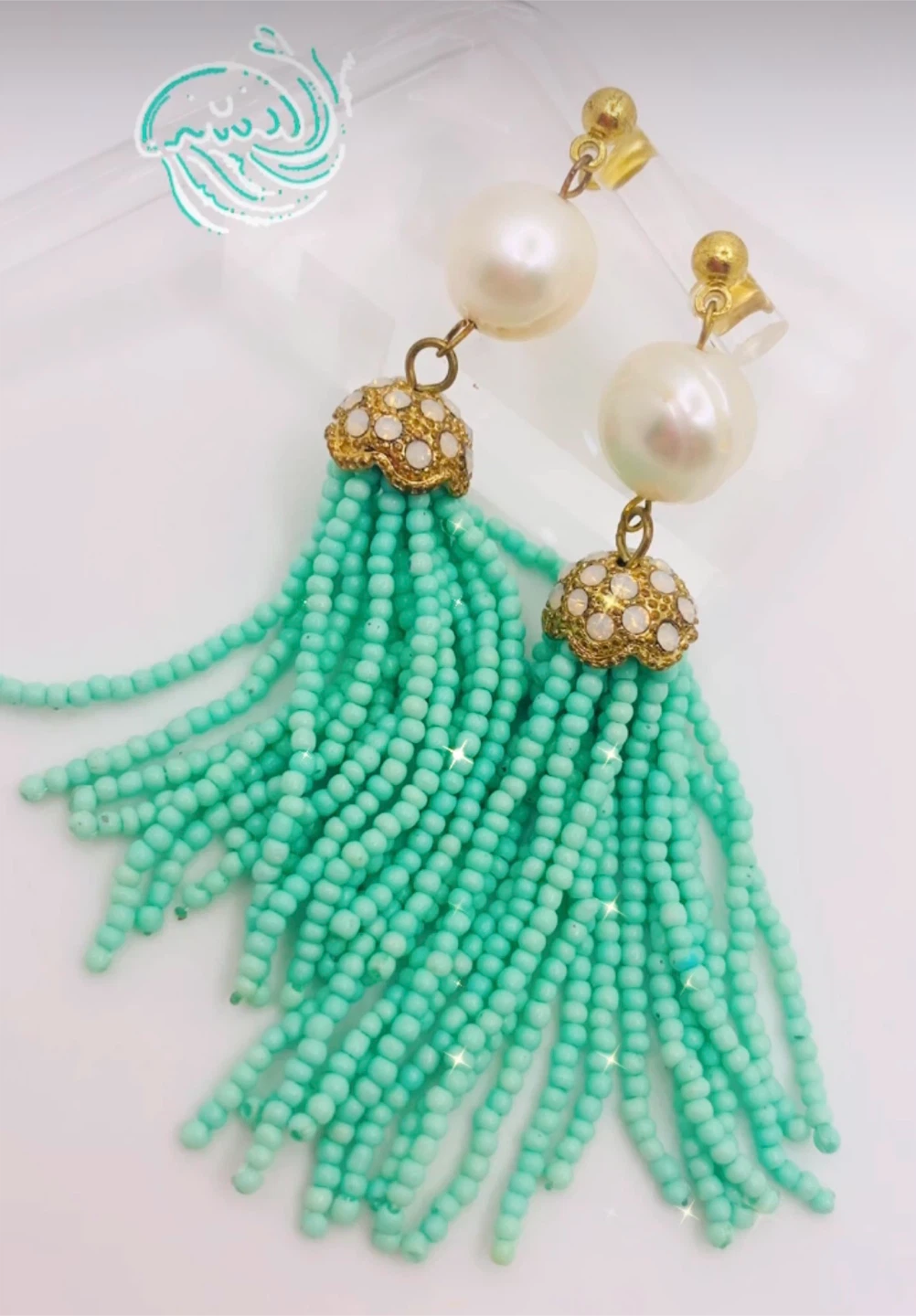 Teal Beaded Tassel Earrings Pearl