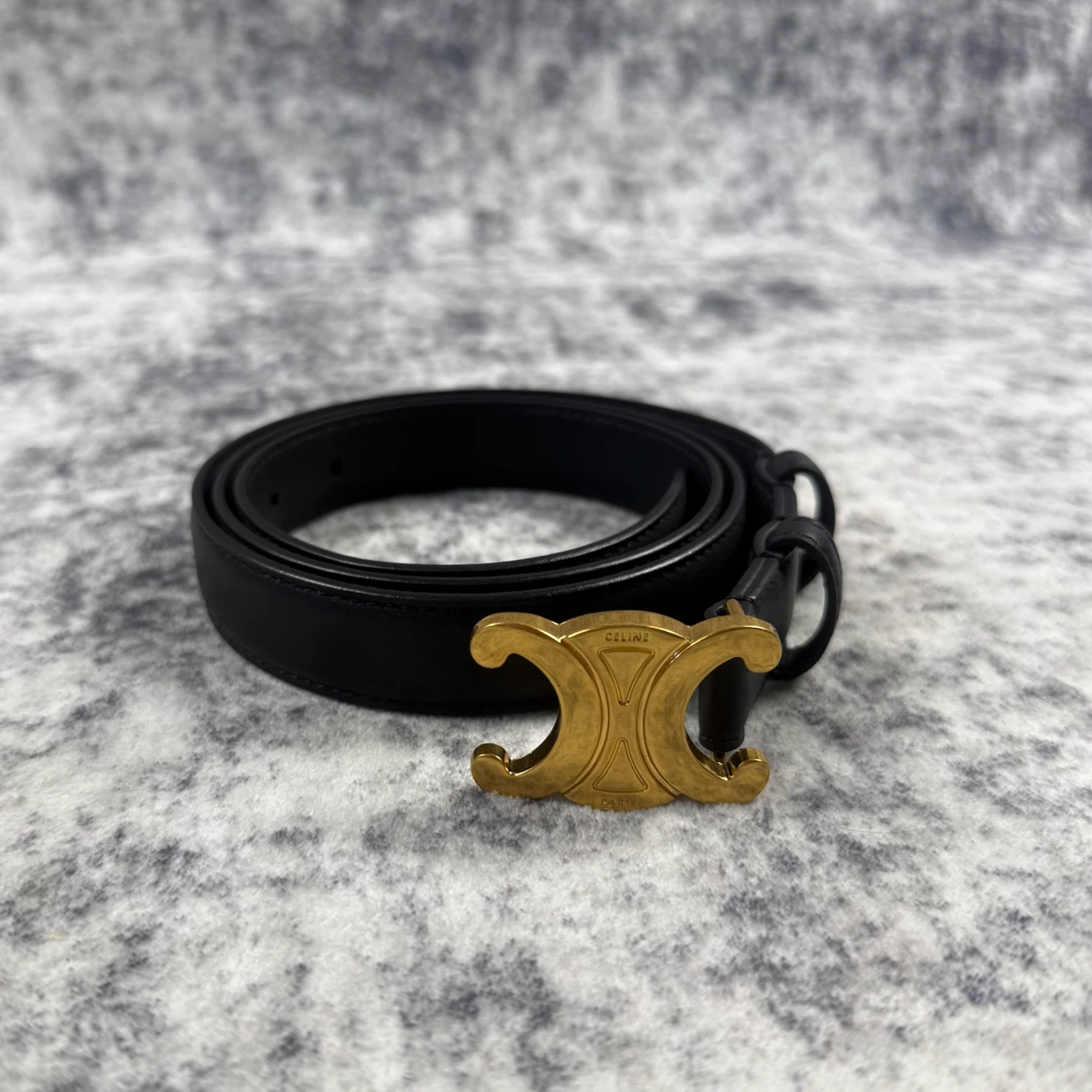 Celine Triomphe Gold Buckle Black Leather Belt