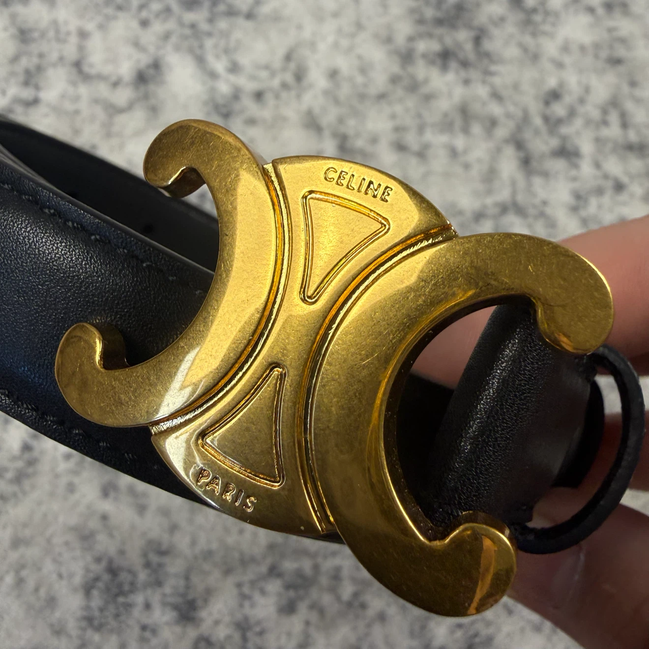 Celine Triomphe Gold Buckle Black Leather Belt - photo 2