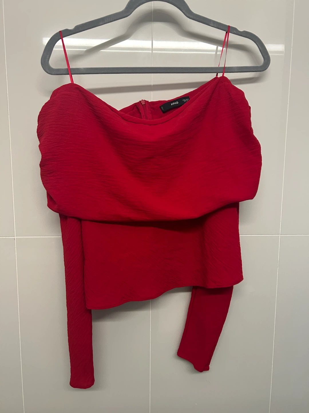 MNG Red Off-Shoulder Long Sleeve Top