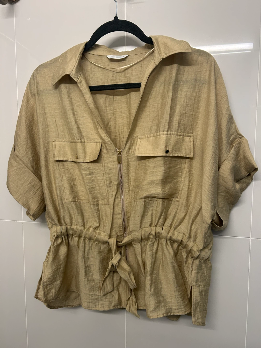 Zara Beige Zip-Up Utility Shirt