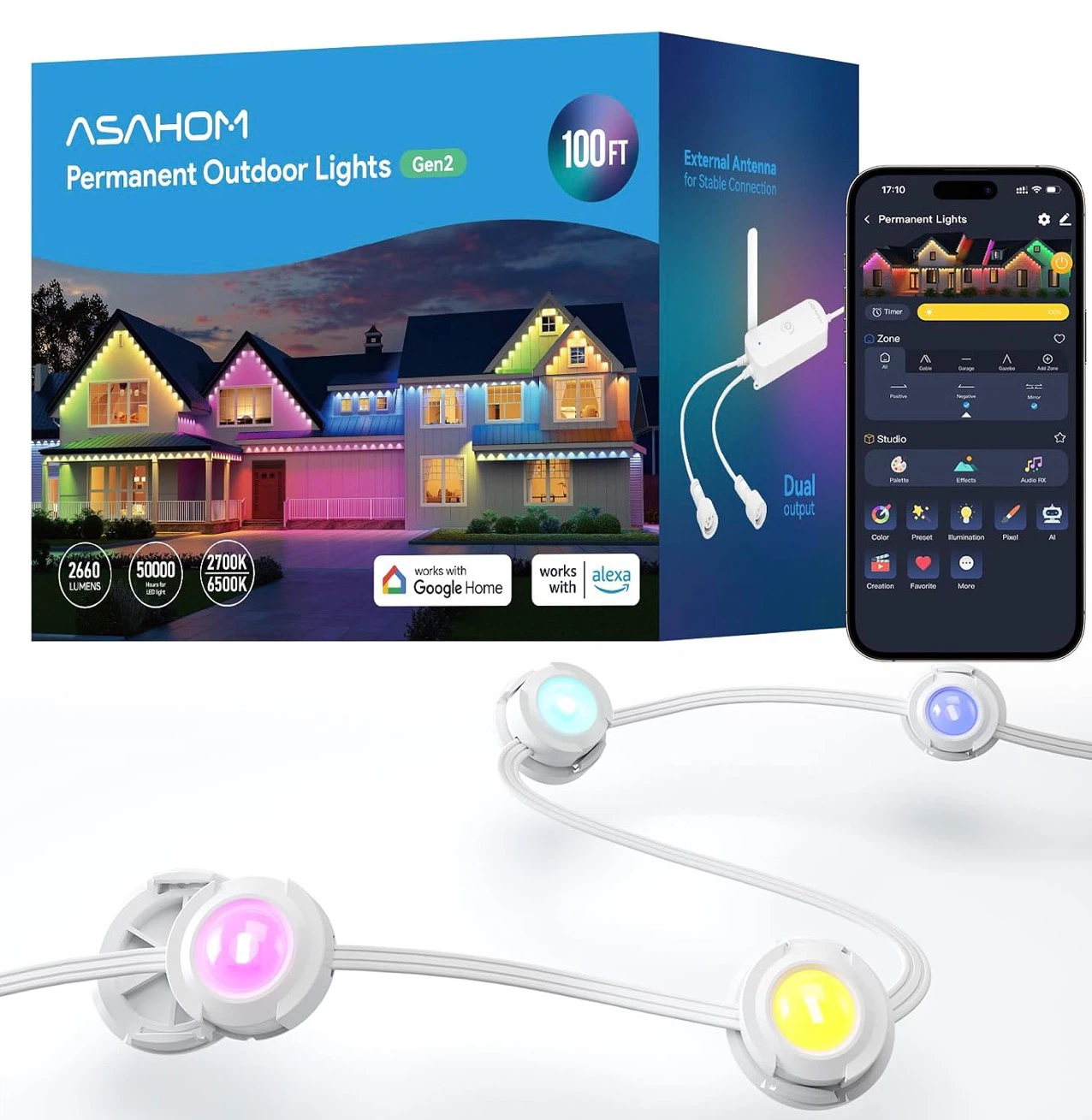 ASAHOM Permanent Outdoor Lights S107B, 100FT