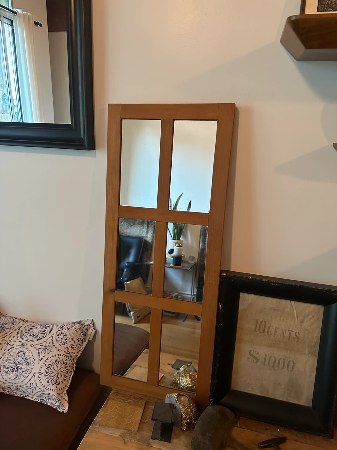 VINTAGE PINE WOOD PICTURE FRAME WINDOW WALL MIRROR RUSTIC - photo 2