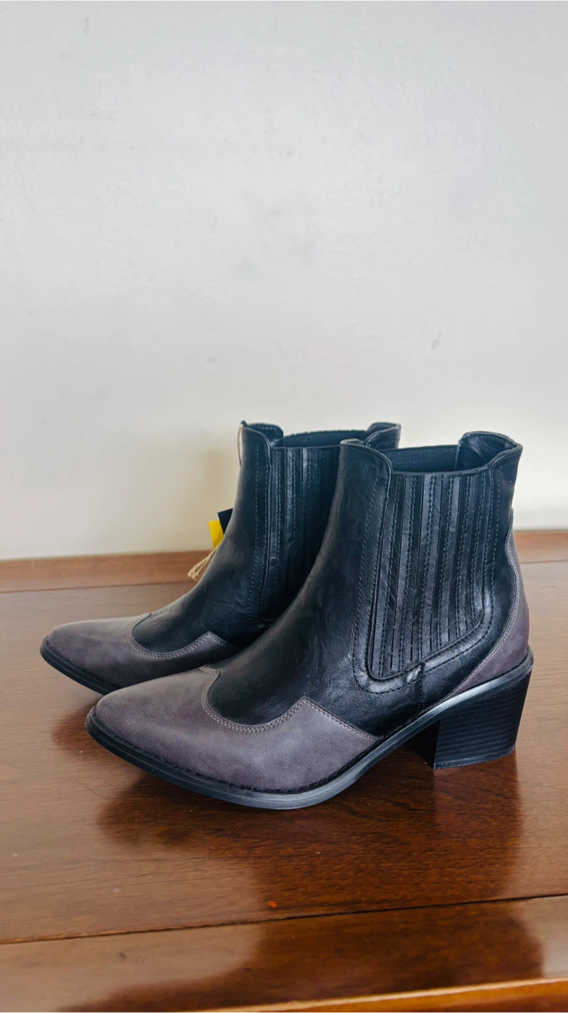 Two-Tone Black and Grey Pointed Ankle Boots, Size - 9