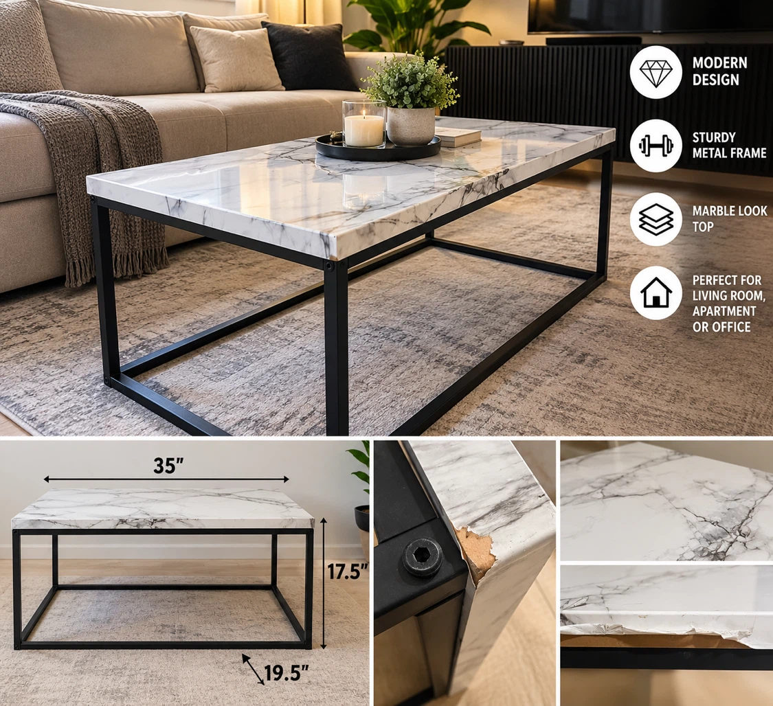 Modern Faux Marble Coffee Table – Black Metal Frame