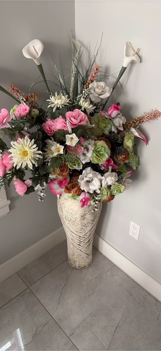 Large Decorative Floor Vase with Artificial Floral Arrangement