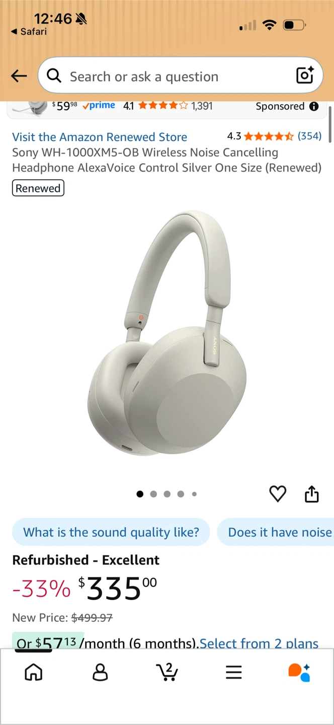 Sony WH-1000XM5 Wireless Noise Cancelling Headphones Silver