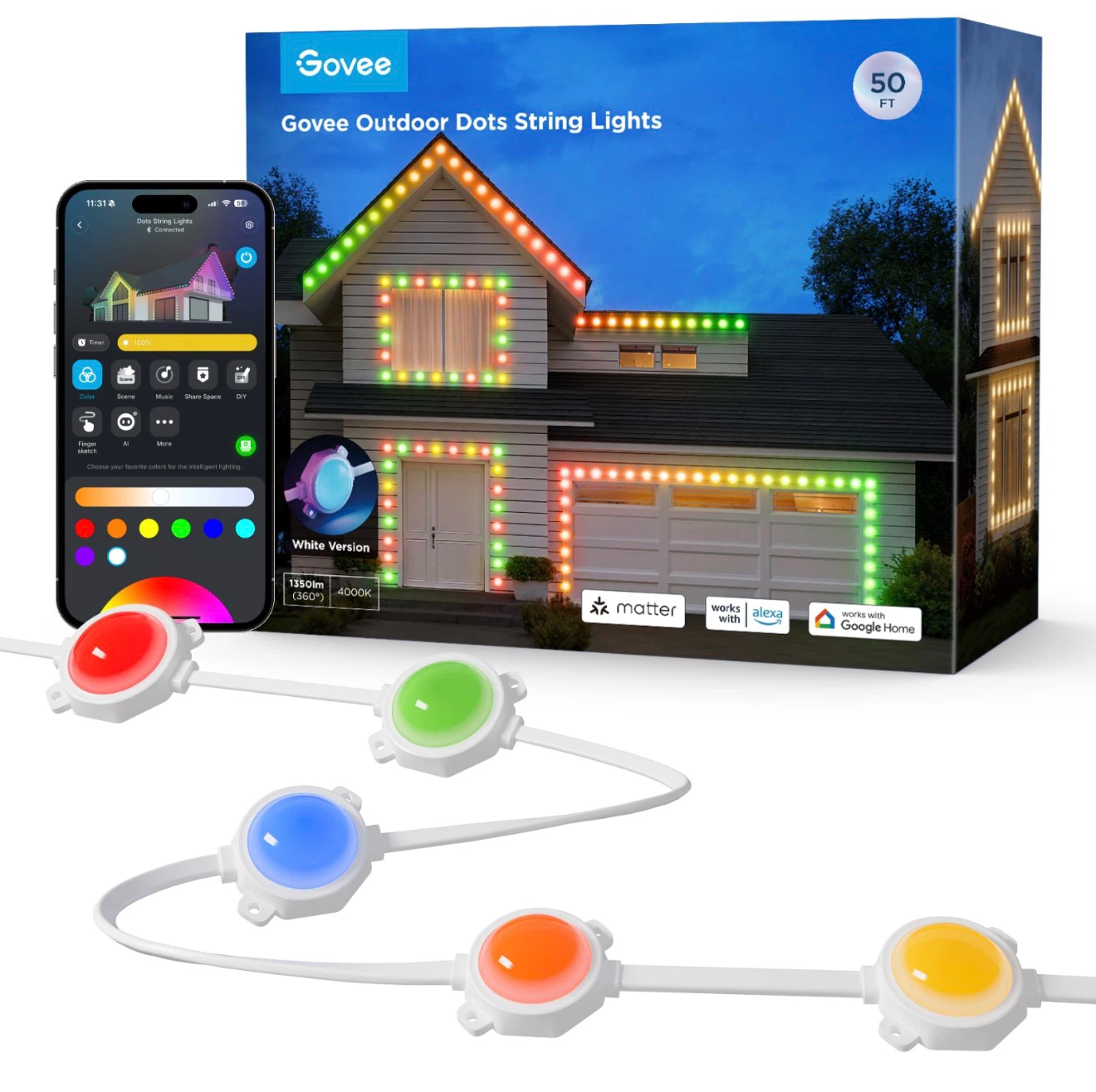 Govee Outdoor Dots String Lights, 50ft with 45 Smart RGBIC LED